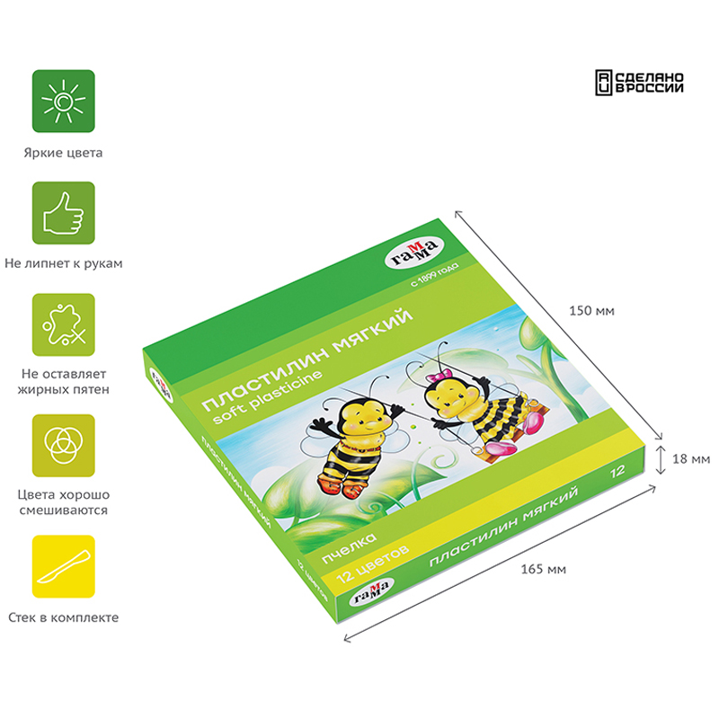 Пластилин 12цв. Пчелка, восковой, со стеком