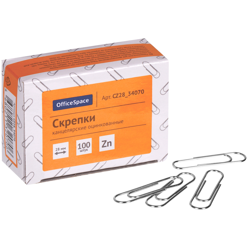 Скрепки 28мм, OfficeSpace, эконом, оцинкованные, 100шт