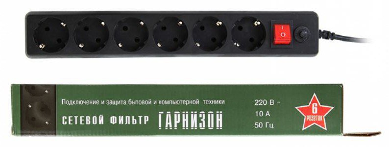 Сетевой фильтр Гарнизон 1,8м, 6 розеток, черный