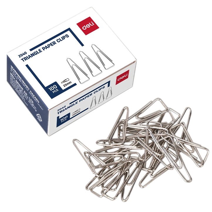 Скрепки 25мм, Deli, треугольные, никелированные